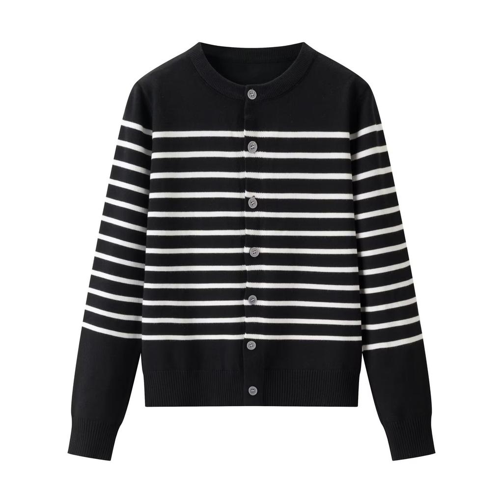 New, spring loose and thin striped crew-neck knitted cardigan