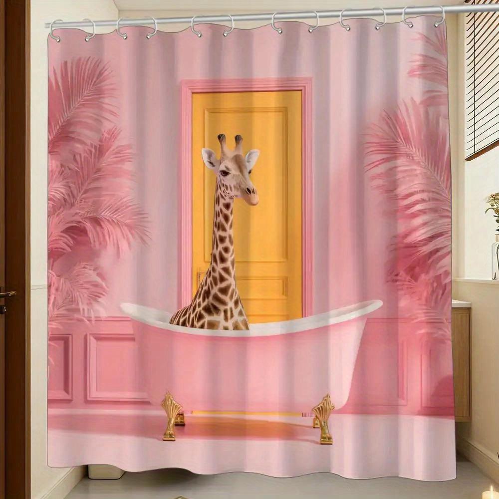 

Surreal Giraffe In Bathtub Shower Curtain – Pink Palm Leaves, Gold Clawfoot Tub, 12 Hooks, Waterproof Whimsical Decor W60H190(CM)-1 Pcs