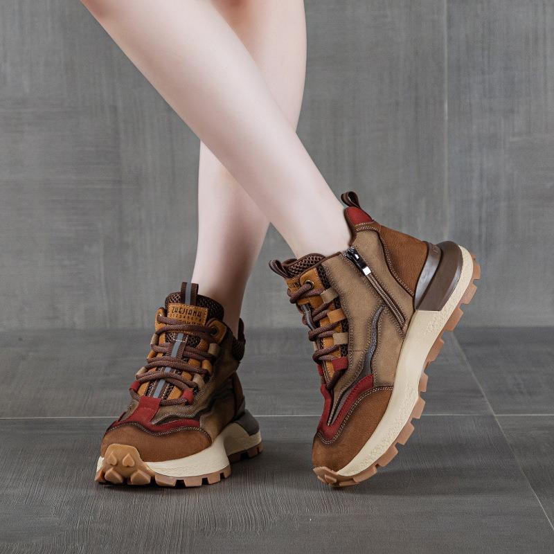 The First Layer of Cowhide Retro High-top Shoes for Women's Winter New Thick-soled Heightening Casual Cotton