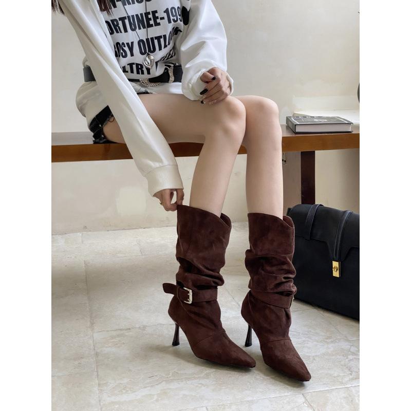 

2025 autumn and winter new pointed thin heel high heel temperament thin French fashion sexy beauty female Internet celebrity boots 40 темно-коричневого