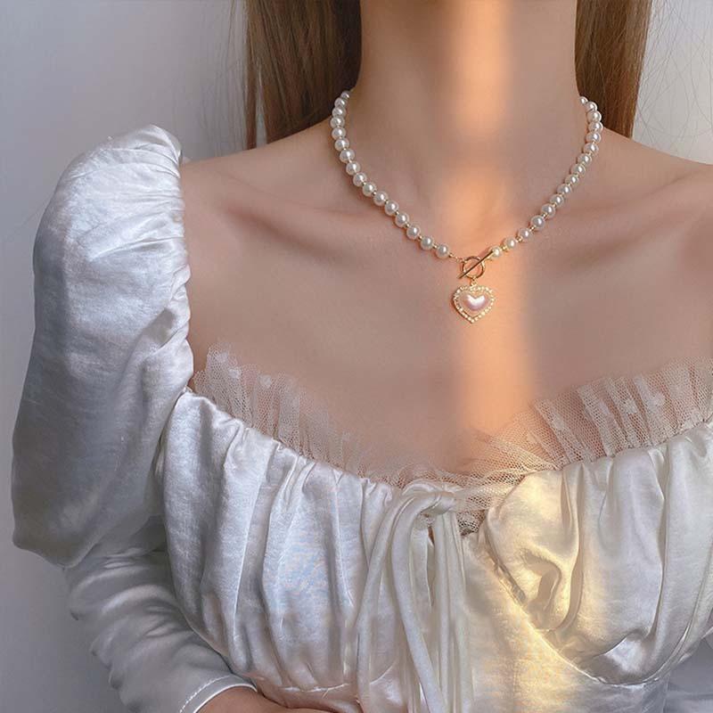 Imitation Pearl Love Necklace, Sweet and Simple OT Buckle Clavicle Chain