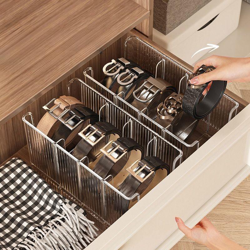 Scatola Organizzatore Trasparente con Cinturino per Cravatte in Acrilico, Contenitore per Cassetti dell'Armadio, Espositore per Cinture da Uomo, Scatola con Scomparti per Cinture