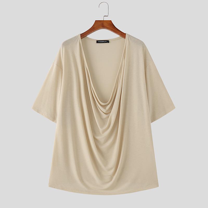 INCERUN T-shirt Casual Estive da Uomo Oversize con Collo a Sottoveste a Maniche Corte, Tinta Unita, Ample