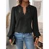Lace Hollowed V Shirt Women Long Sleeve Office Lady Blouse