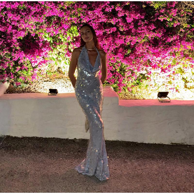 Elegantes rückenfreies Partykleid mit Pailletten für Damen, ärmellos, mit Schnürung, blau, Maxi-Abendkleider, Sommer, Dame, schlanke Roben