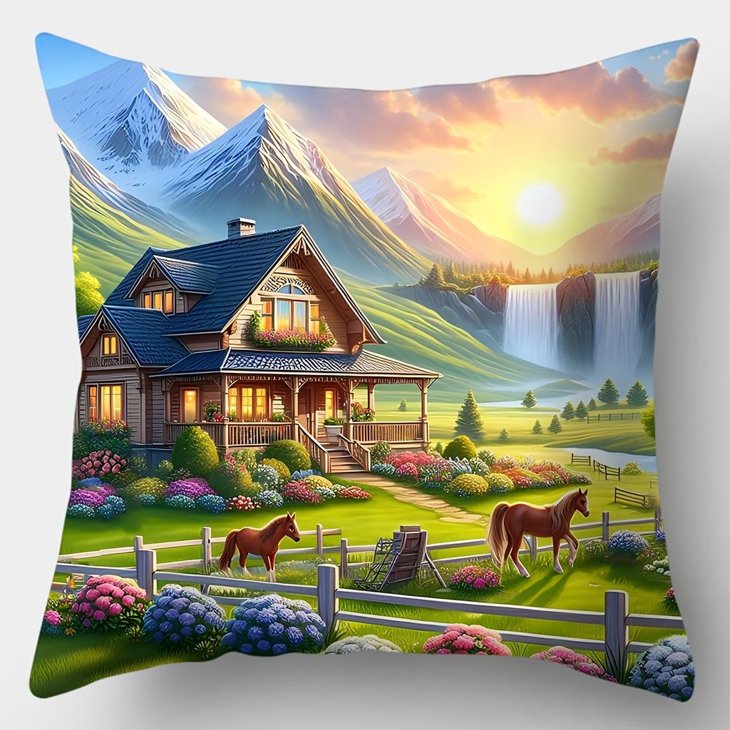 4PCS Seasonal Scenery Pillow Covers, Sofa Cushion Covers, Zipper Closure, Woven Style Lumbar Pillow Cases, for Living Room
