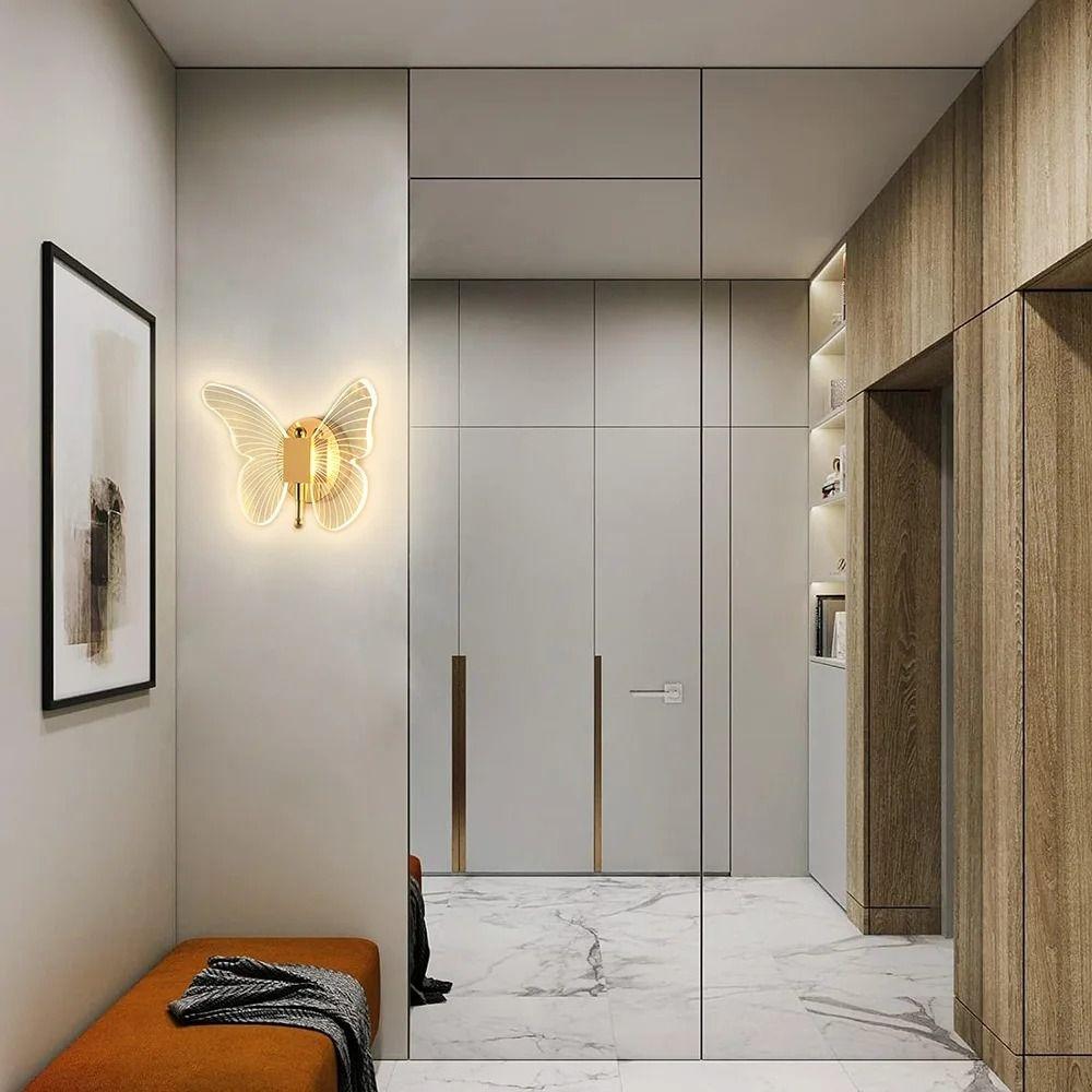 Tricolor Adjustment LED Butterfly Wall Lamp Metal Acrylic Bedside Lamp Living Room Staircase