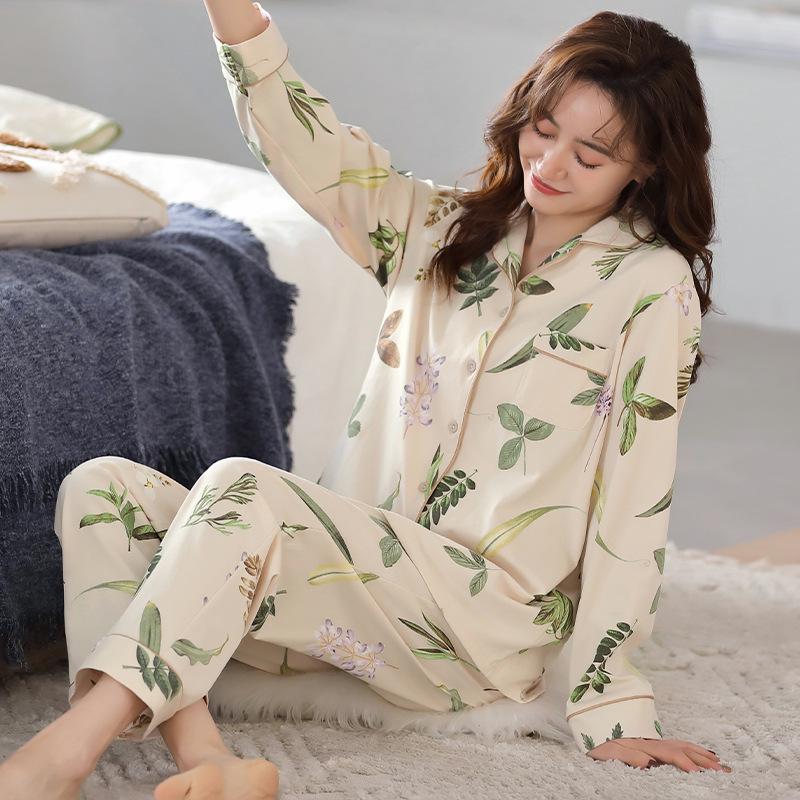Dam Pyjamas Set i Bomull - Långärmad, Långa Byxor, Ledig Tunn Kofta, Vår- & Höstkläder