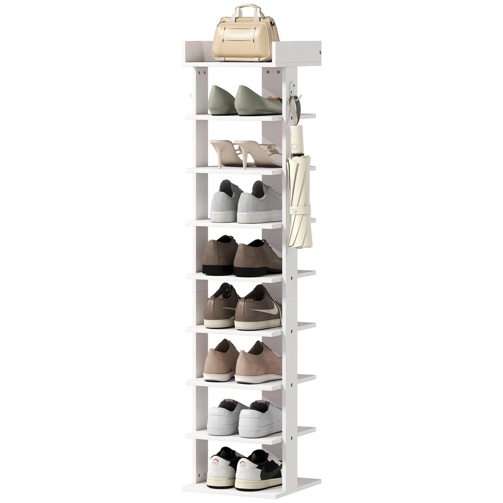Shoe Rack 9-Tier Shoe Storage Organiser Top Tray Guardrail 2 Hooks 30 X 30 X 128.4 Cm White