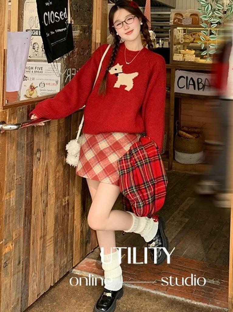 Pulover roșu rotund, cu tricotaj larg, pentru femei, cu design la modă cu cățeluș - Top trendy toamnă/iarnă, care întinerește.