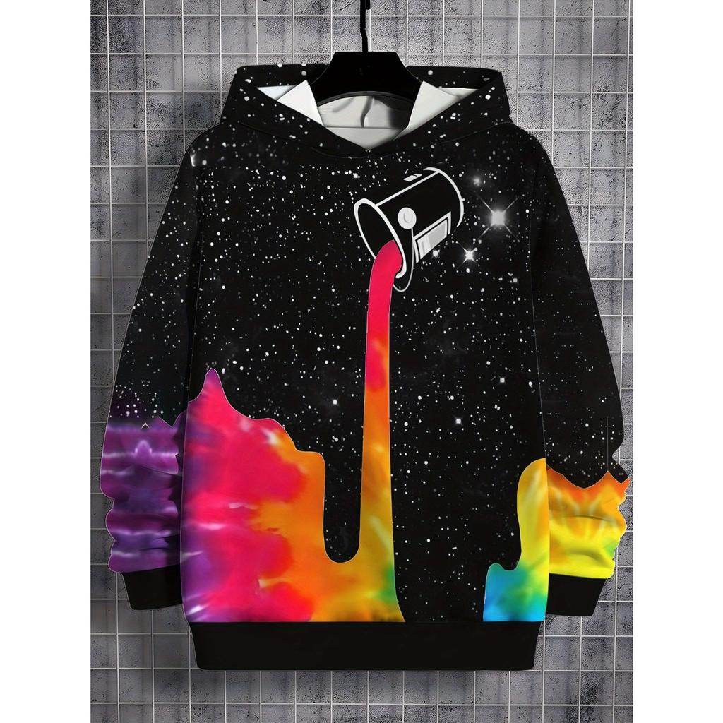 3D Digital Printing Nebula Ink Splash, Multicolored Paint Bucket Pattern Hooded Sweatshirt, Fashionable Trendy Casual Children's Wear,