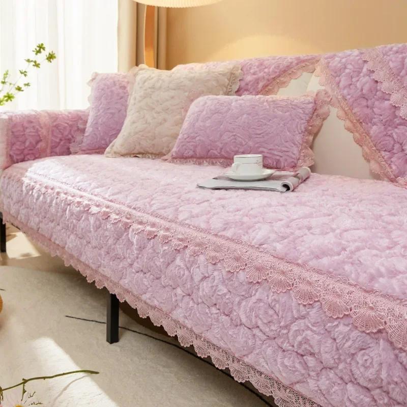 Copridivano invernale con rose, in peluche, con bordo in pizzo, per soggiorno, antiscivolo, universale