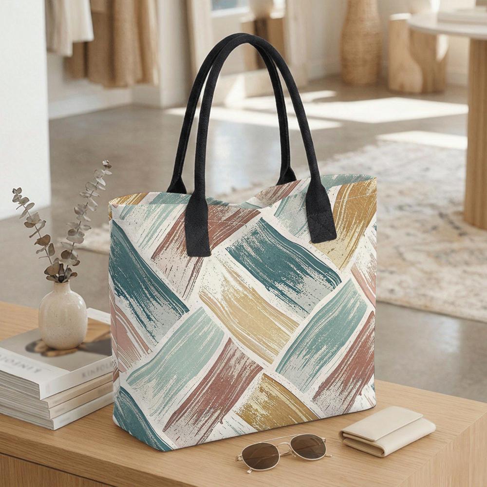  Abstract Print Canvas Tote Bag for Daily Use Large Capacity Fashion Casual Shoulder Handbag