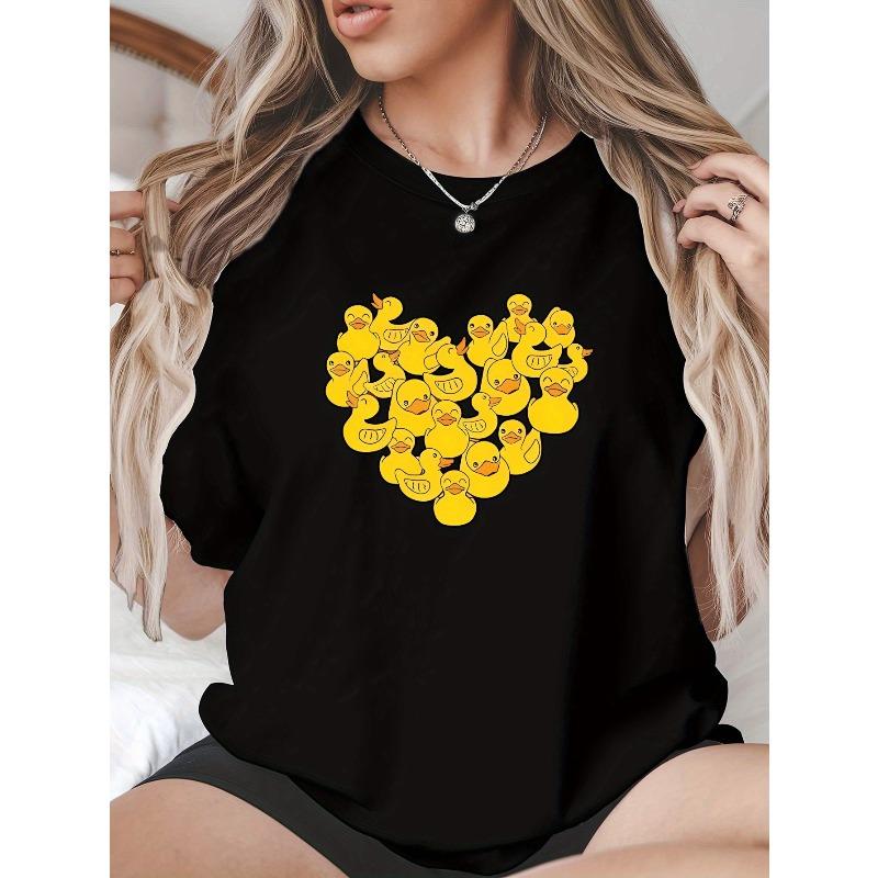 

Women Black Heart Rubber Ducks Print T-Shirt Round Neck Short Sleeve Spring Summer Casual Versatile Playful Top 4XL