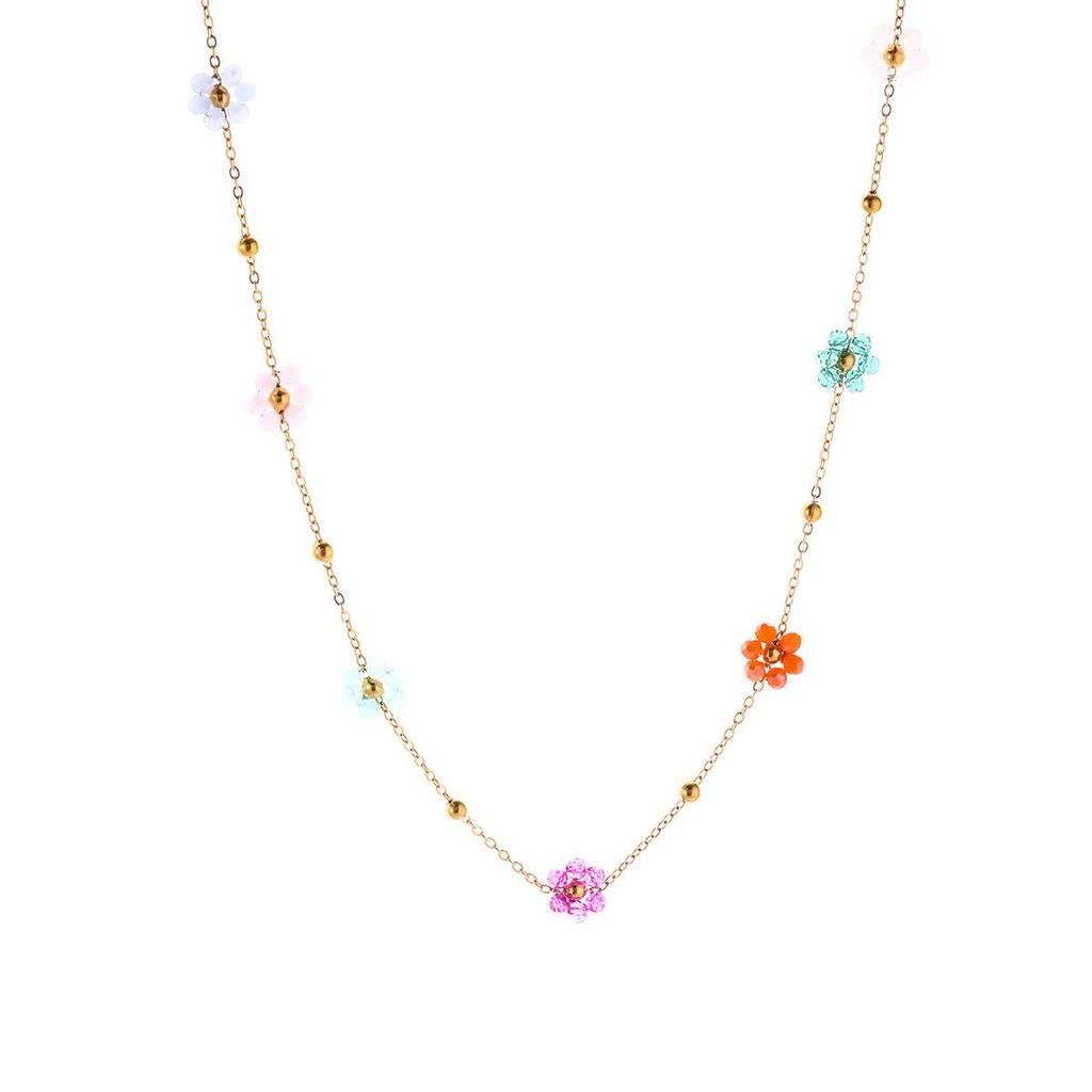 Retro Dopamine Girl Colorful Flower Beaded Choker & Bracelet Set with Titanium Steel Chain