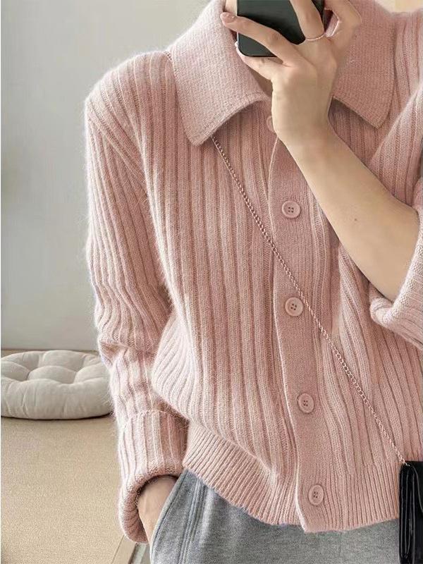 Chic Women's Ribbed Wool POLO Collar Short-Sleeve Knit Cardigan - Autumn/Winter Petite Outerwear.