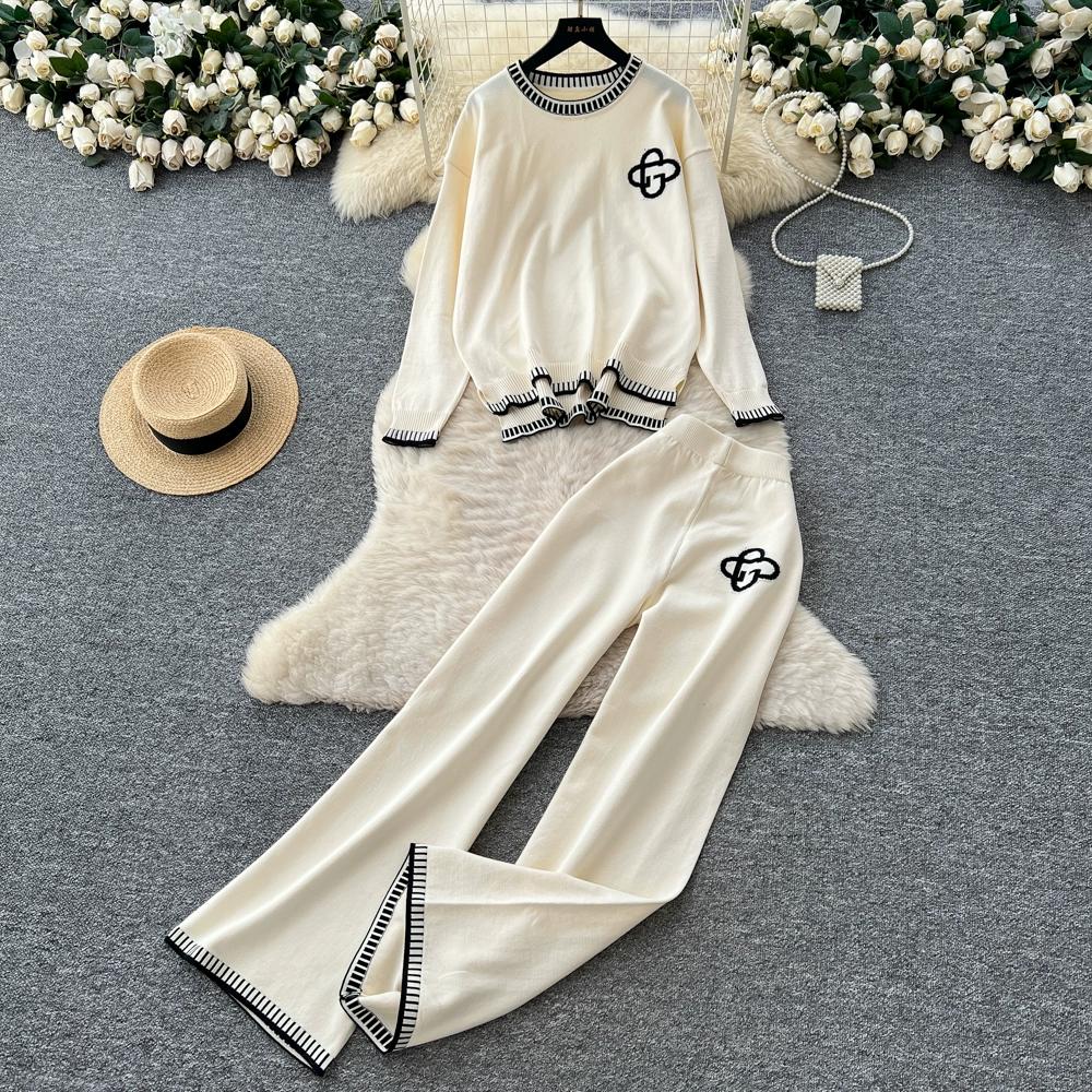 Höst Vinter Dam Casual Stickad Tröja Byxa Tvådelat Set Helärmad Pullover Toppar och Vida Ben Byxor Träningsoverall