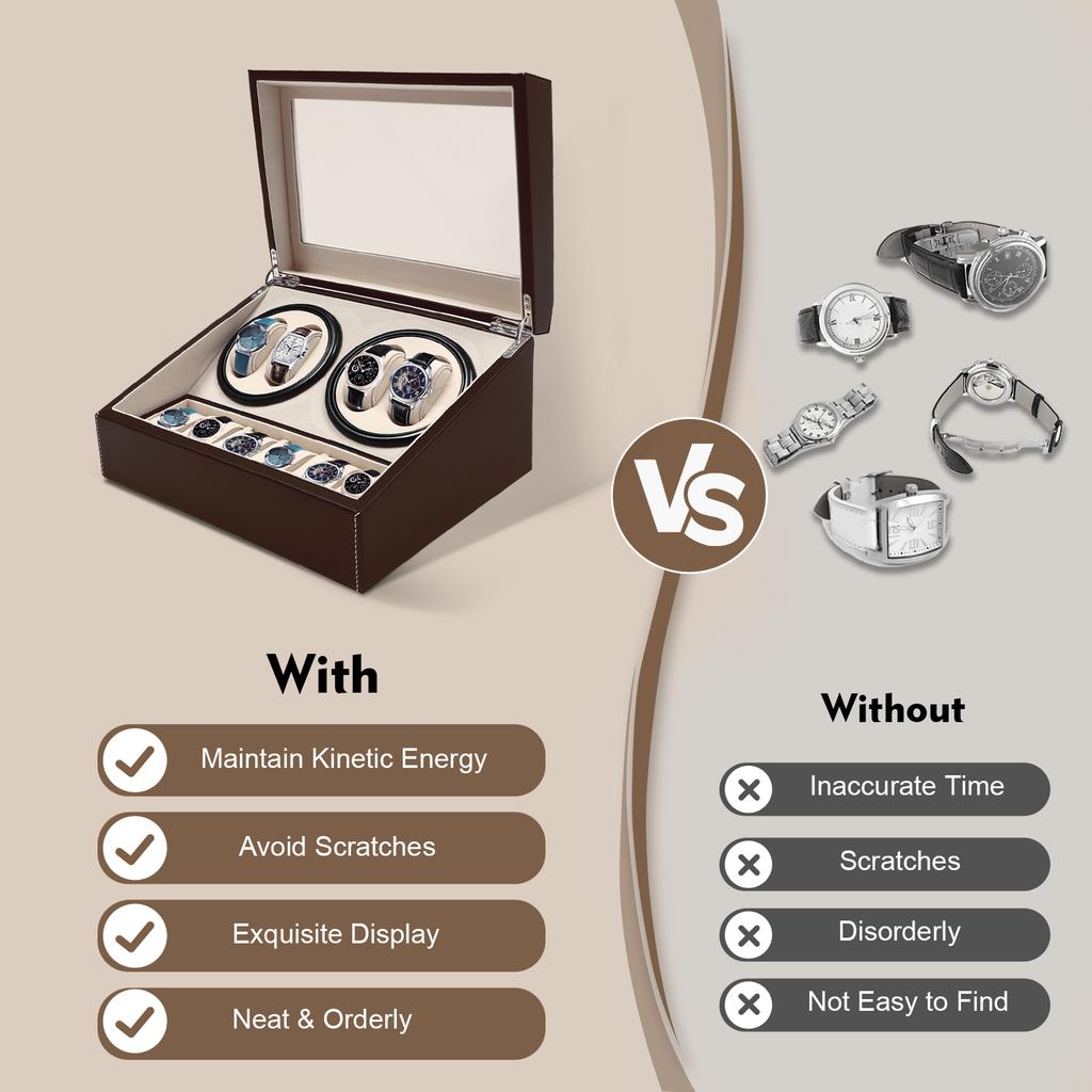 Automatische Uhrenbeweger Box, 6 Aufbewahrungsfächer + 4 Aufzugfächer, PU-Leder 10-Uhren-Gehäuse mit leisem Motor, für automatische mechanische Uhren Dis
