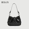 Ladies Underarm Bag Oil Wax Leather Modern Black Motorcycle Bag Commuter Shoulder