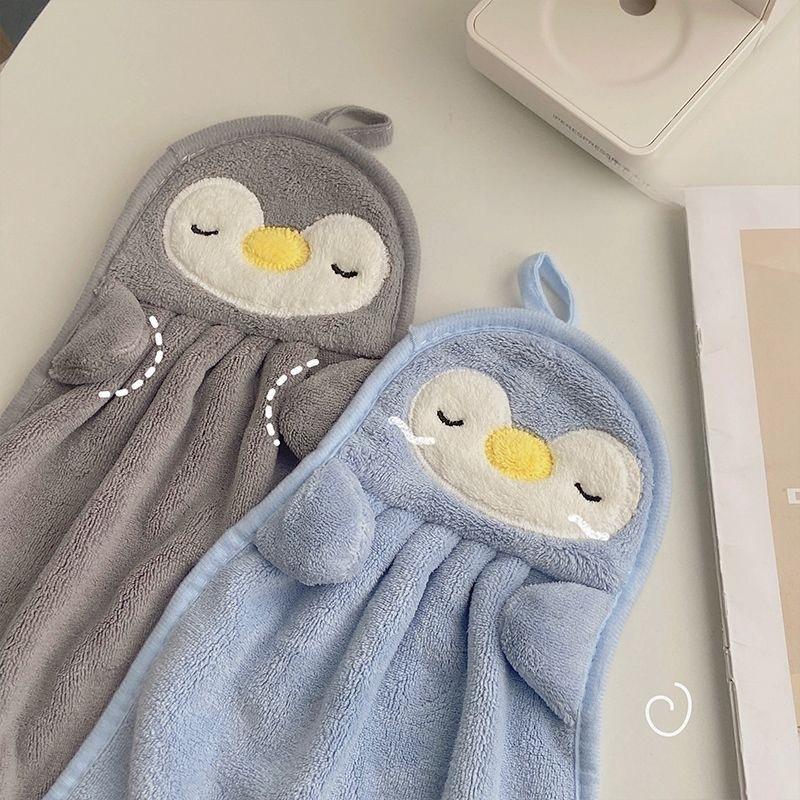 25x37cm Cartoon Penguin Hand Towel Hanging Yellow Duck Coral Fleece Handkerchief Thickened Absorbent Kitchen Bathroom Sink Towel for Adults Children