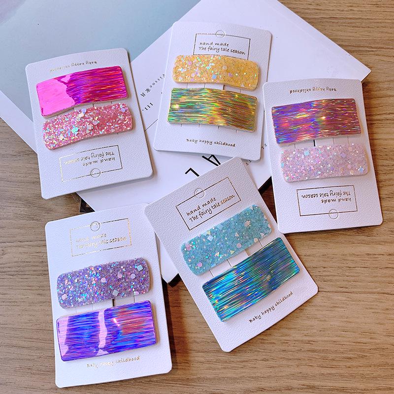 2Pcs Korean New Laser Glossy Hairpin Magic Color Colorful Rectangular Aurora Edge Clip Children's Bangs Headdress