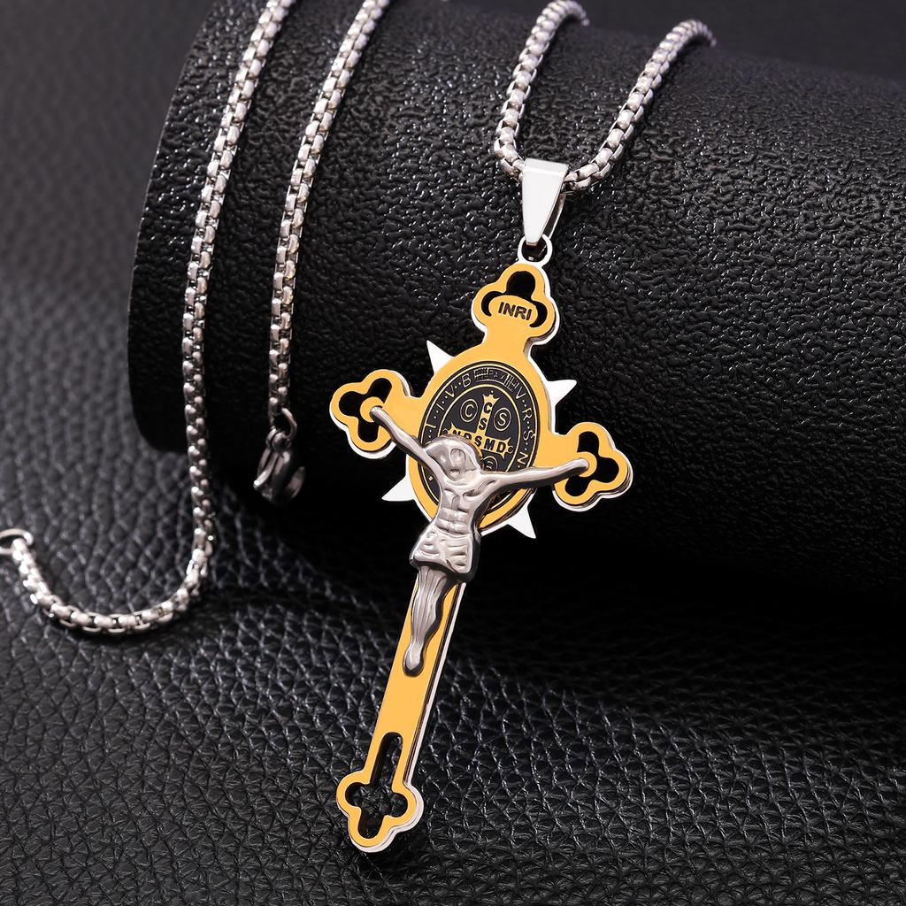 New Men's Stainless Steel Cross Necklace with Diamonds, Vacuum Plating, Non-fading Hip-hop Accessories