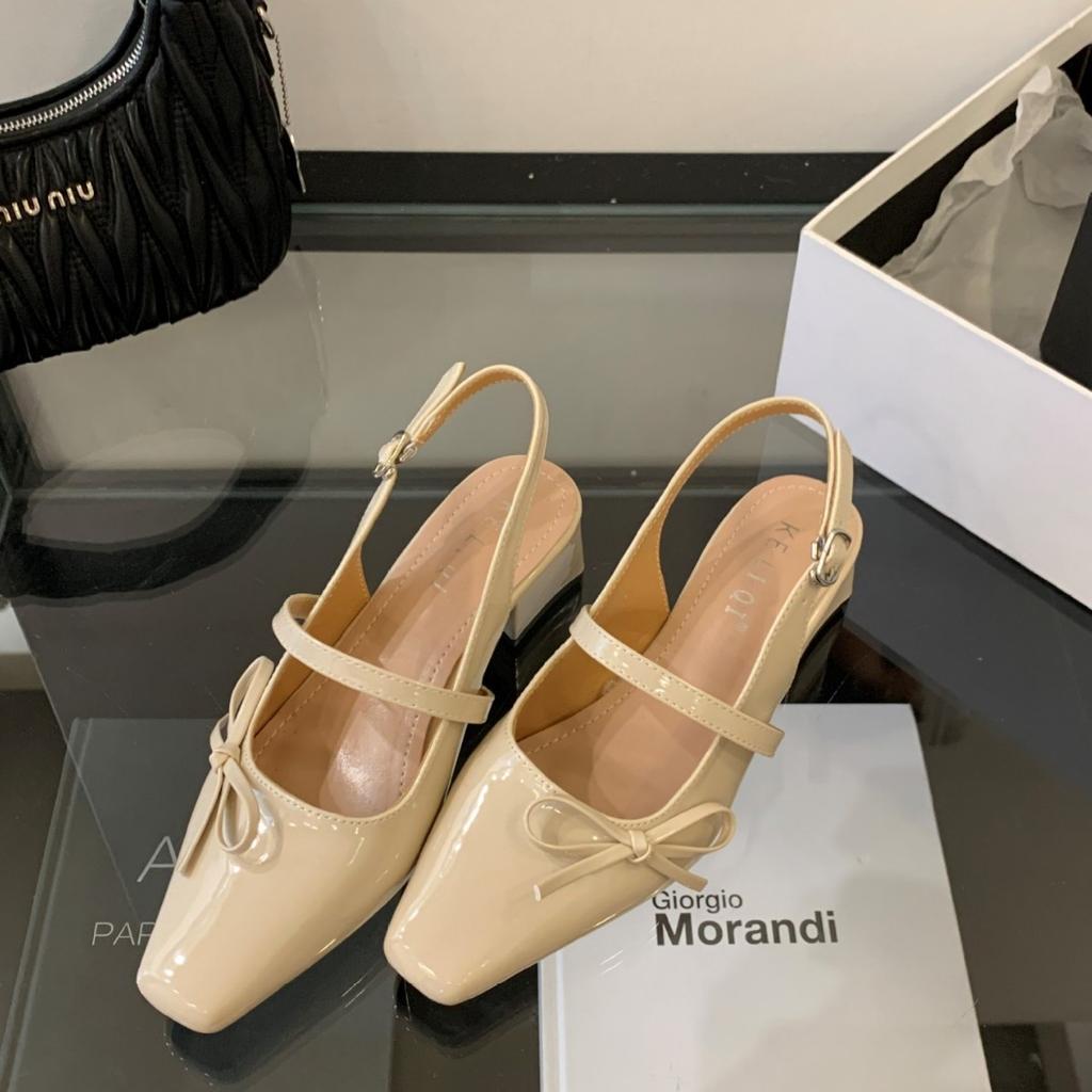 2025 New Autumn Square Head Back Empty Bow Thick Heel Shallow Mouth Versatile OL Commuter Professional Women's Single Shoes