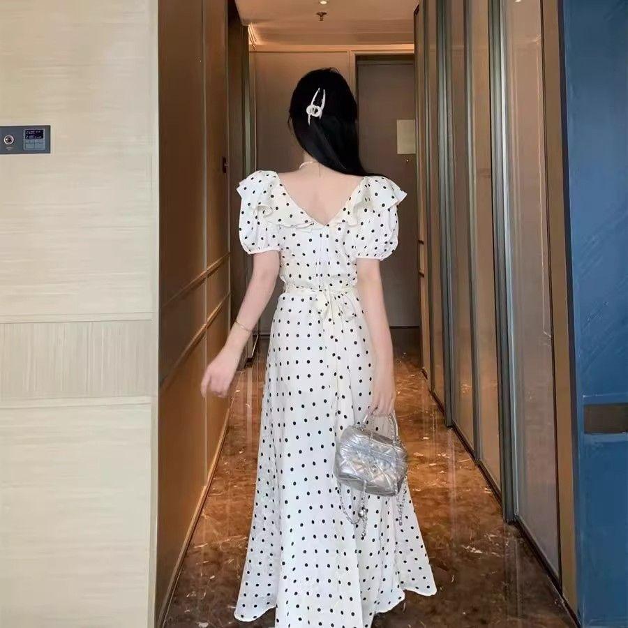 Real Shot~ Lotus Leaf Edge Bubble Sleeve Polka Dot Dress Children's Summer New French Temperament Waist Dress