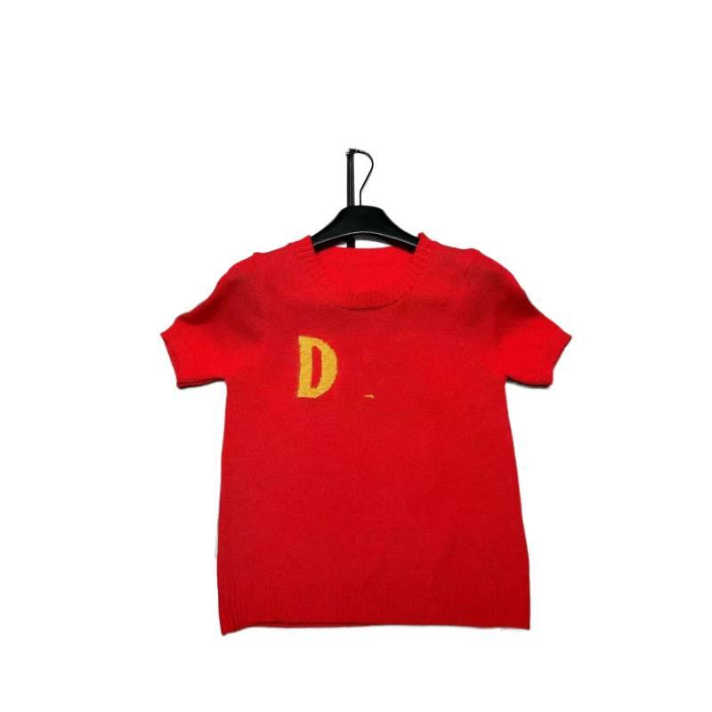D Brand European Style Early Spring Red Letter Jacquard Knit Top - Loose, Versatile, Age-Reducing, Short Sleeve