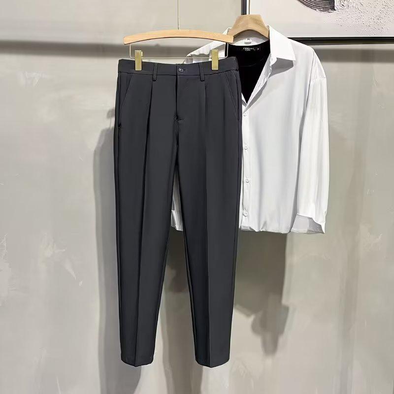 Men's British-Style Straight Slim-Fit Drapey Trousers, Korean Tapered Nine-Point Suit Pants