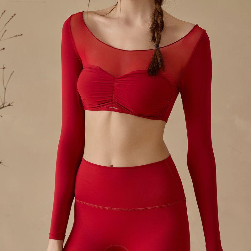 

Fashion Nude Feel Long Sleeves Yoga Clothes T-shirt Skinny Ruched Sports Fitness Top Women s Skinny Seamless Yoga Pants Red Long sleeves XL