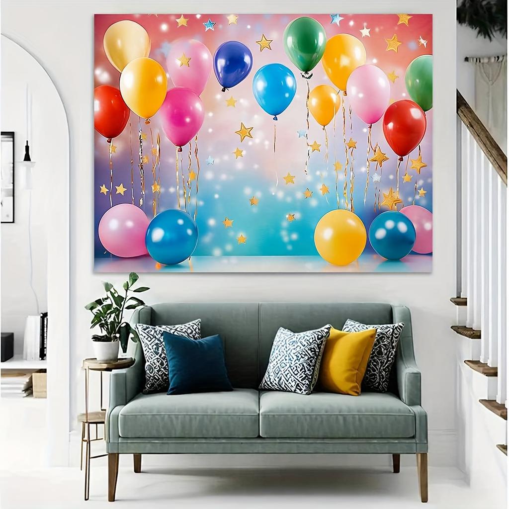 1 polyester fotoachtergrondbanner - met kleurrijke ballon- en stersymbolen, voor verjaardagen en jubilea