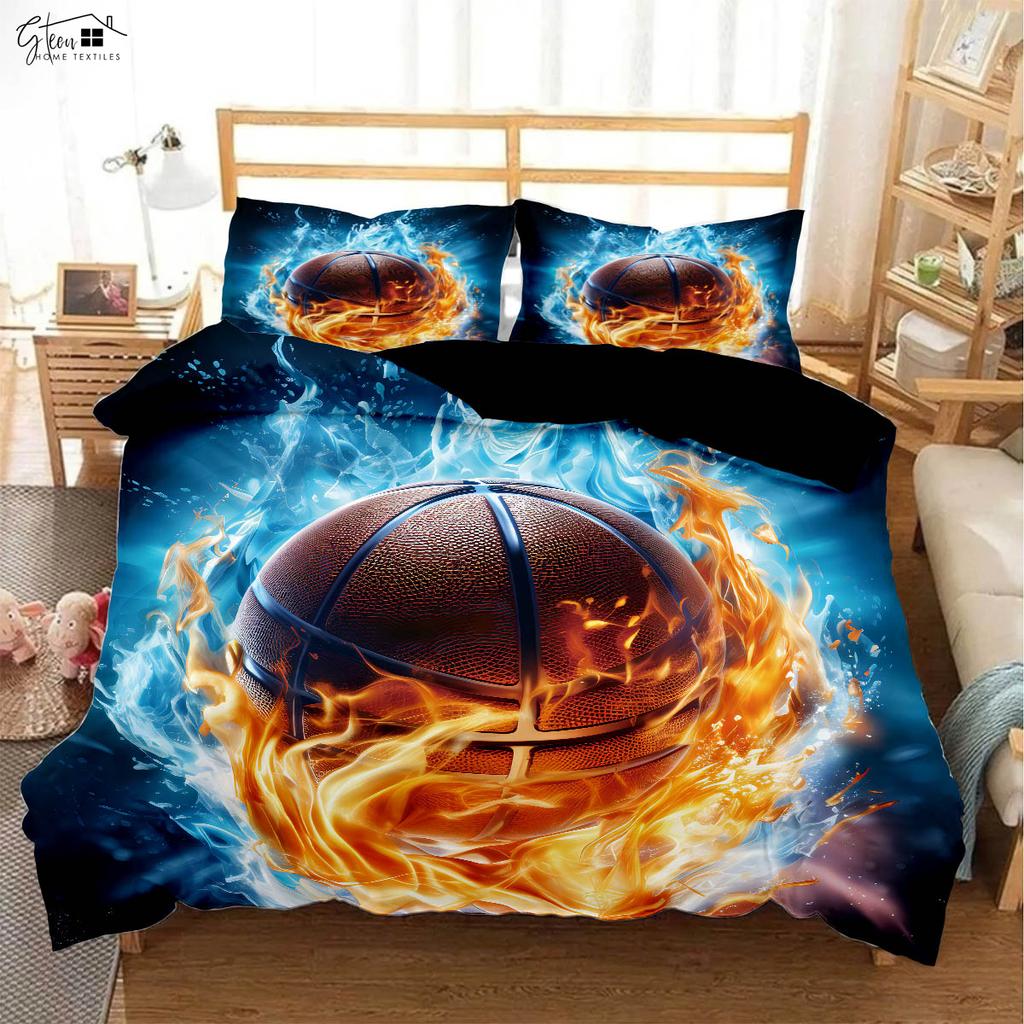 Flame Skull Basketball 3D Printed Quilt Cover Pillowcase Bedding Set Three-piece Soft and Comfortable Duvet Cover