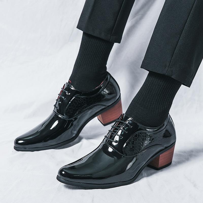 Fashion Pointed High Heel Leather Shoes For Men In British Business And Casual Heightened Wedding Shoes Korean Style Shiny Hairstylist