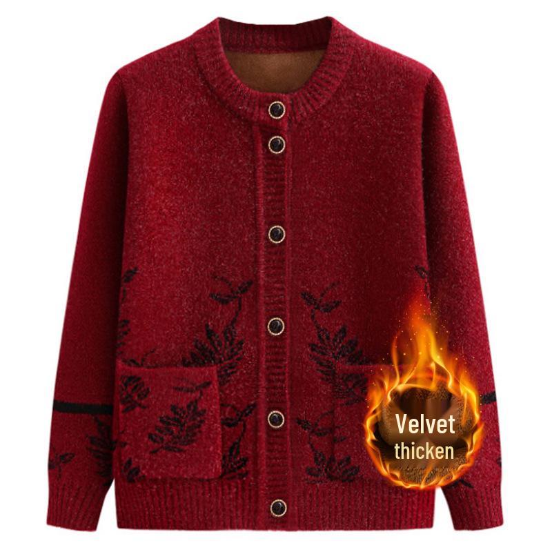 Warm Fleece-Lined Cardigan for Middle-Aged and Elderly Women - Spring/Autumn Style