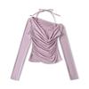 Autumn 2025 Women's Lace Trim Halter Neck Off-Shoulder Slim Long-Sleeve T-Shirt