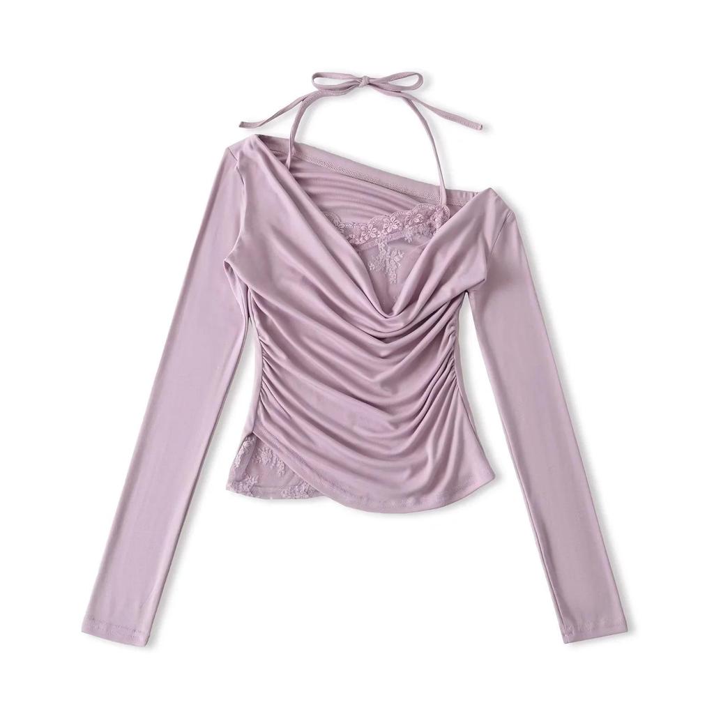 Autumn 2025 Women's Lace Trim Halter Neck Off-Shoulder Slim Long-Sleeve T-Shirt
