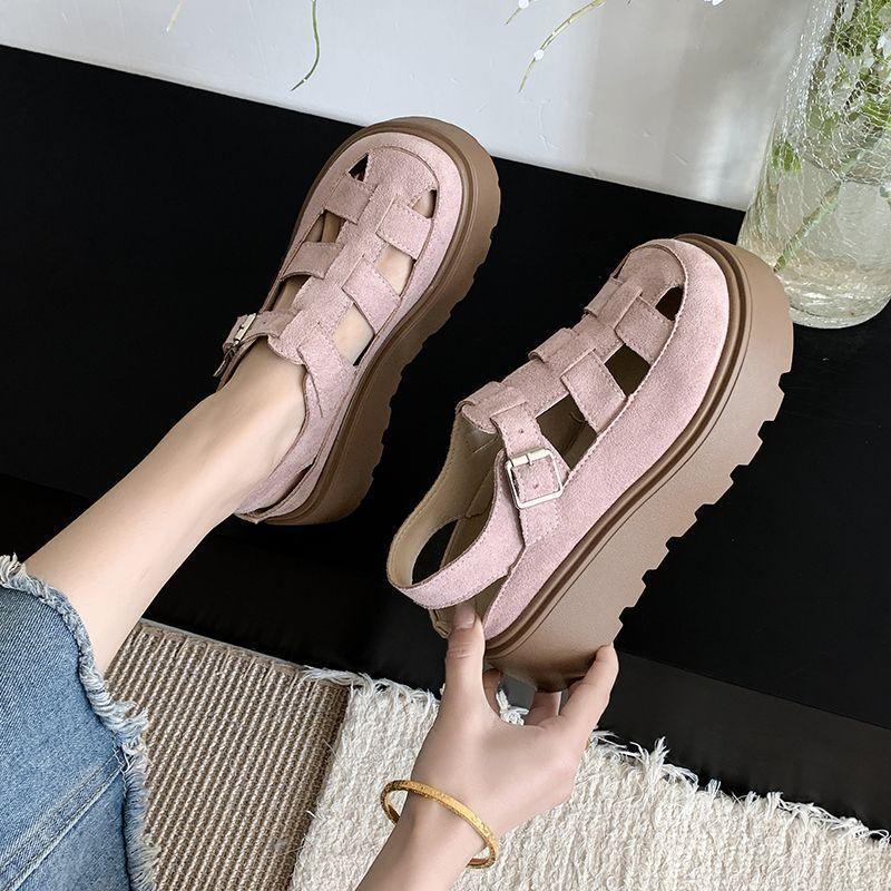 Muffin Thick-soled Heightening Baotou Sandals Women's 2025 New Summer Roman Shoes Small Pig Cage Shoes Loafers