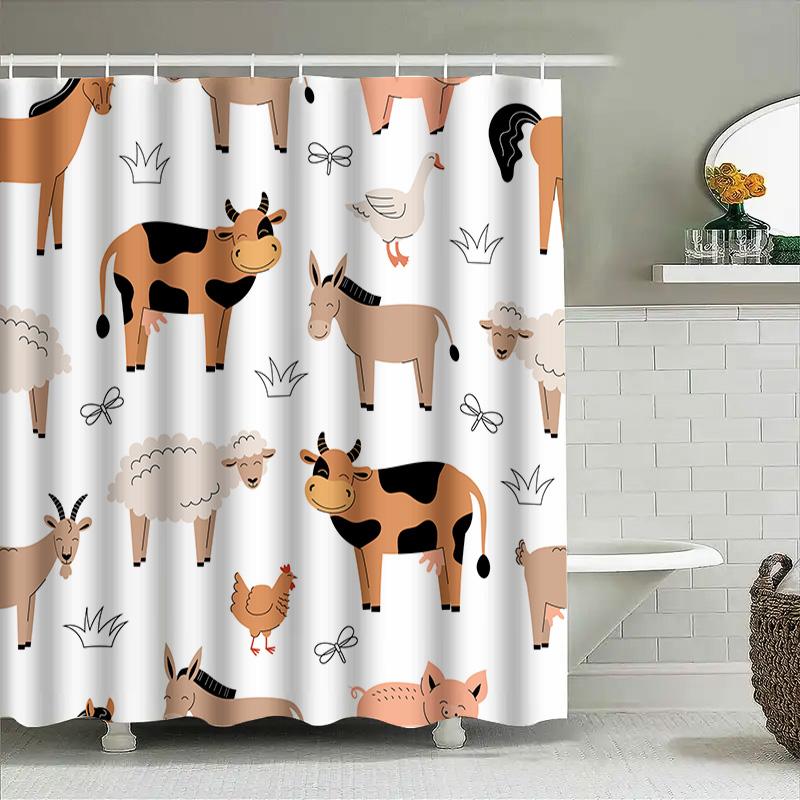 Farm Animal Pattern Shower Curtain Cute Cow Sheep Chicken Goat Pig Horse Design For Bathroom Decor White With Black Border (180X