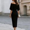 Damen Midi-Kleid Schlanke Passform Taillendesign Elegantes Bateau-Ausschnitt Kurzarm Formelles Kleid für Büro Party Abendgarderobe