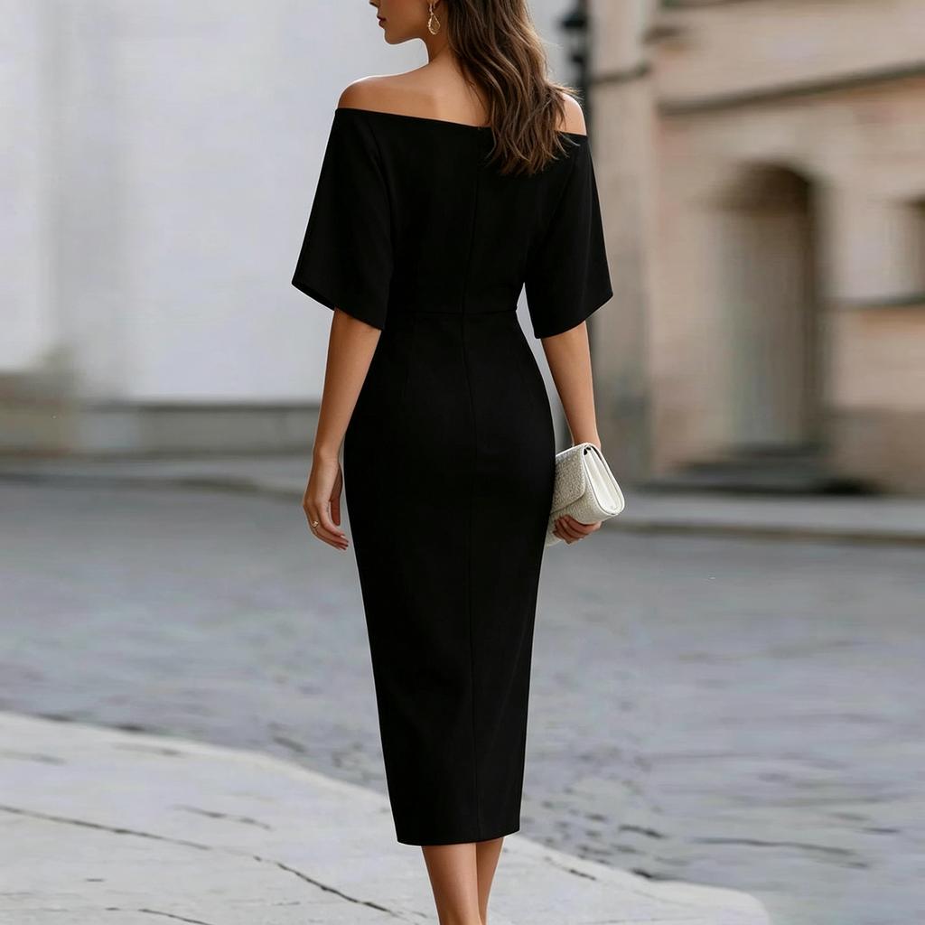 Damen Midi-Kleid Schlanke Passform Taillendesign Elegantes Bateau-Ausschnitt Kurzarm Formelles Kleid für Büro Party Abendgarderobe