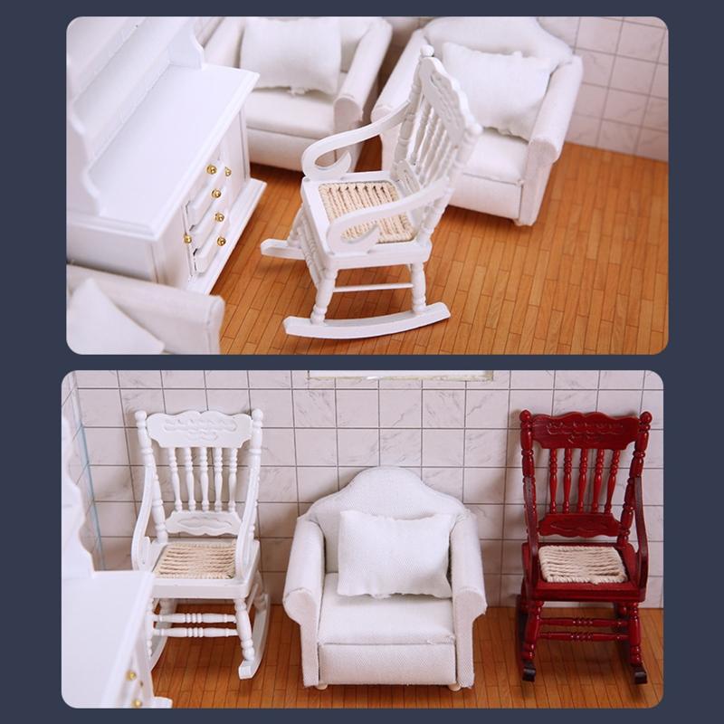 1/12 Toy Model Rocking Chair Pretend for Play Toy Mini Wooden Chair White/Red Role for Play Accessory DIY for Doll House