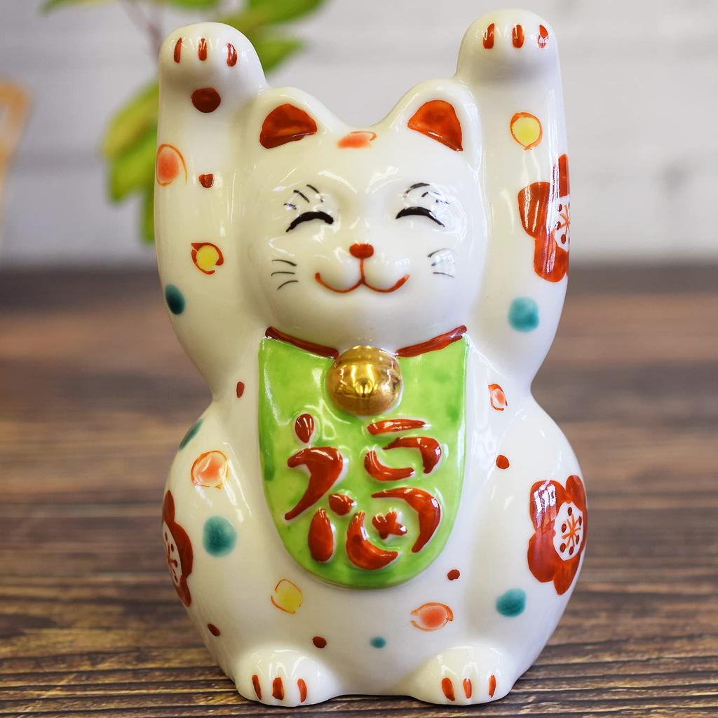 Cute Kutani Ware Maneki-neko Figurine with Raised Hands, Floral Design, and Rug. Perfect for Feng Shui, Good Luck, and Home Decor. A Perfect Gift for