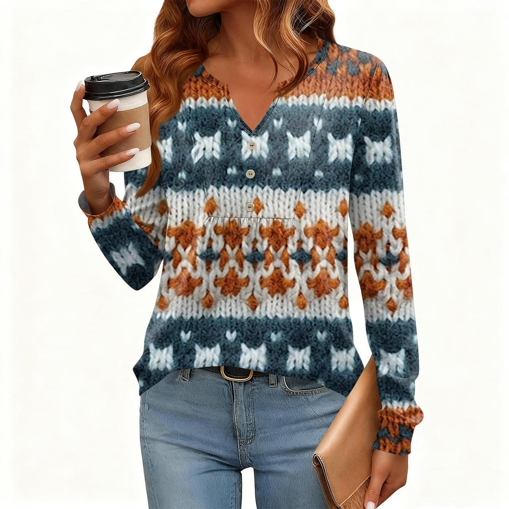 Women's Relaxed,Fit V,Neck Vintage Color,Blocked Floral Print Long,Sleeve Pullover Tee