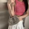 Yogodlns Women Summer Woven Hand Bag Luxury Design Hollow-out Silver Hand Woven Single Shoulder Underarm Bag