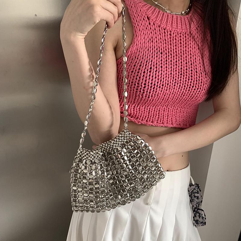Yogodlns Women Summer Woven Hand Bag Luxury Design Hollow-out Silver Hand Woven Single Shoulder Underarm Bag