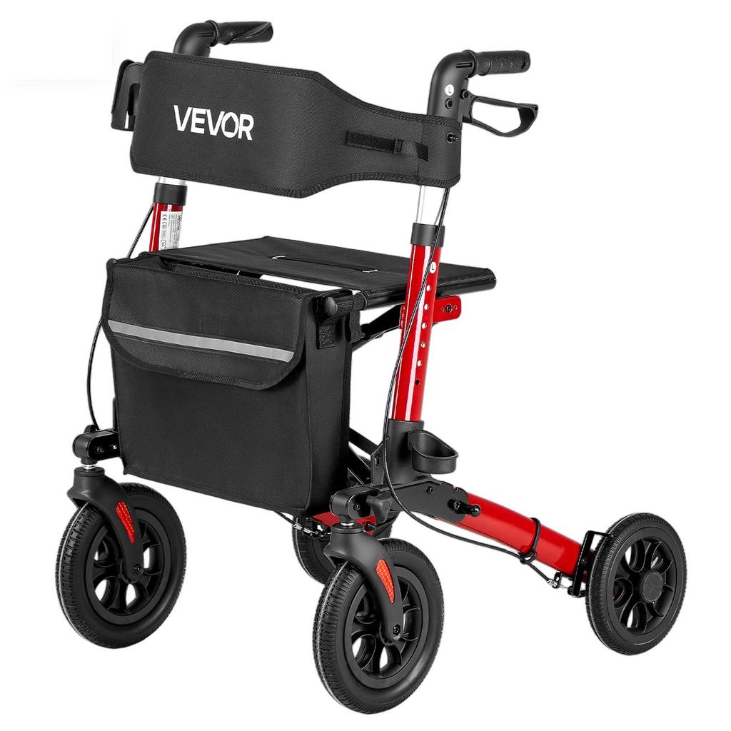Rollator Walker with Seat for Seniors, Ultra Compact 3-Fold Rolling Walker, Lightweight Aluminum Mobility Walking Aid with PU Solid Wheels, Adjustable
