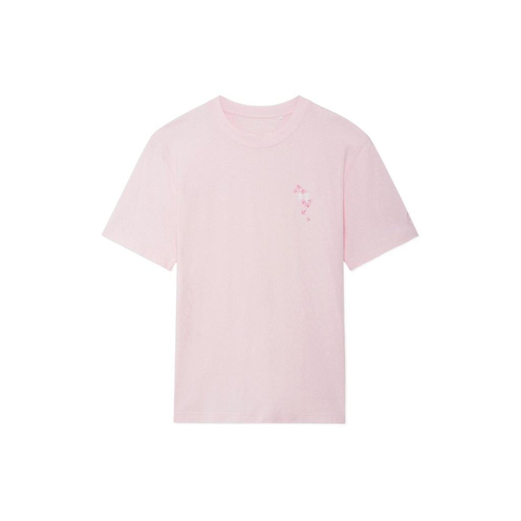 Li Ning SS22 Cherry Blossom Series Casual Printed Solid Color Round Neck T-Shirt Unisex Tops Light-Pink AHSS921-2