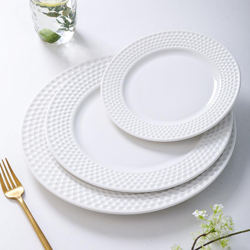 Round Ceramic Gold-rimmed Western-style Dinner Plate Creative Relief Pure White Ceramic Flat Plate Banquet Plating Tableware