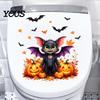 Removable Toilet Decals Halloween Decals, Cute Cartoon Bat in Suit & Black Crow with Witch Hat, Waterproof Peel-off Stickers Seat Cover Decor